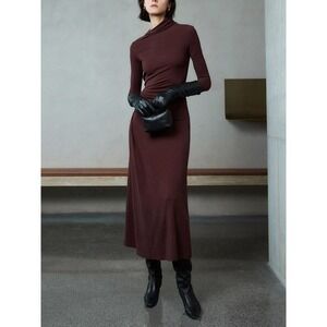 Commense Long Sleeve Midi Dress Cowl Neck Ruched‎ Bodycon Maroon Fitted Size XS
